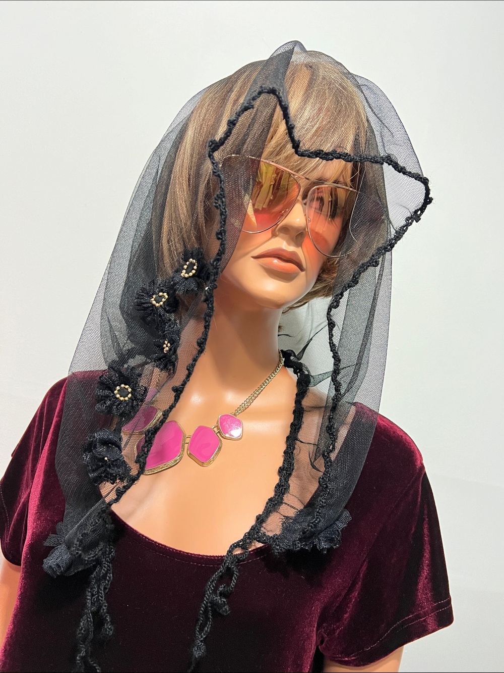 Black  Mesh Hooded Veil - Women Accessories  Church headdress Wrap